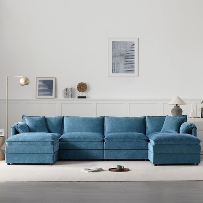 CAVINAS 136"Modular Sectional Sofa with 6 Seats,U-shaped Cloud Couch for Living Room,Oversized Couch with Double Cushions,Blue