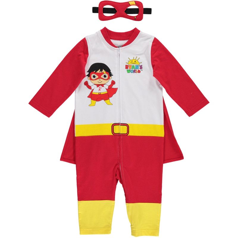 RYAN'S WORLD Red Titan Zip Up Costume Coverall Cape and Mask 3 Piece Set Little Kid to Big Kid, 1 of 8