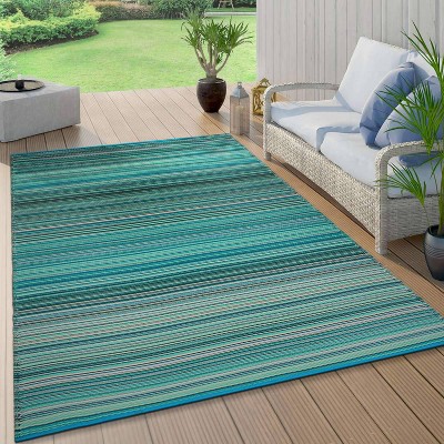 Blue Striped Reversible Synthetic Indoor/Outdoor Rug 3' x 5'