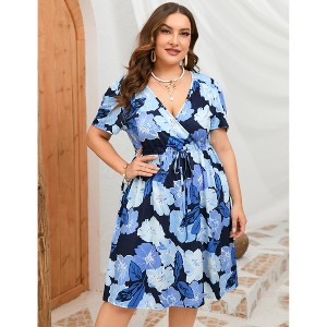Women's Plus Size Dress Floral Short Sleeve A Line Wrap Drawstring Dress Flowy V Neck High Waist Midi Dress - 1 of 4