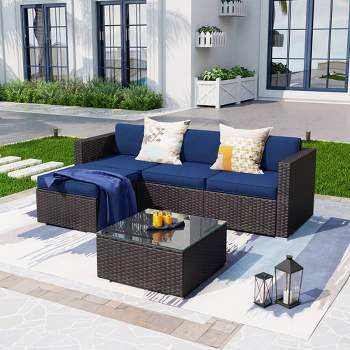 5pc Steel & Wicker Outdoor Set with Square Coffee Table & Cushions Blue - Captiva Designs