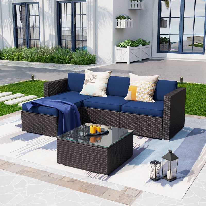 5pc Steel &#38; Wicker Outdoor Set with Square Coffee Table &#38; Cushions Blue - Captiva Designs, 1 of 11