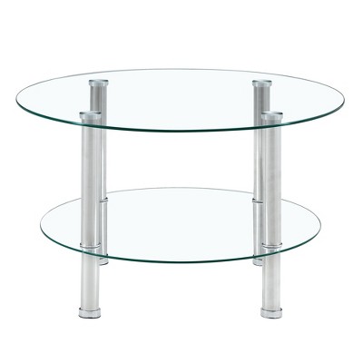 FURNIinspire Coffee Tables Minimalist 2 Layer Tempered Glass Coffee Table Stainless Steel Plated Legs for Living Room, Silver, 27.5"*27.5"*16.5"