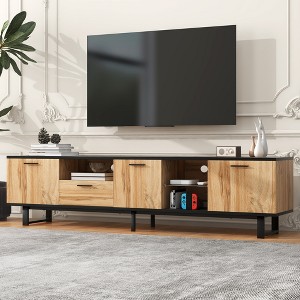 Modern TV Stand with 4 Cabinets & Open Shelves, Media Console Table for TVs up to 80'', Entertainment Center with Drop Down Door, Wood - HABITRIO - 1 of 4