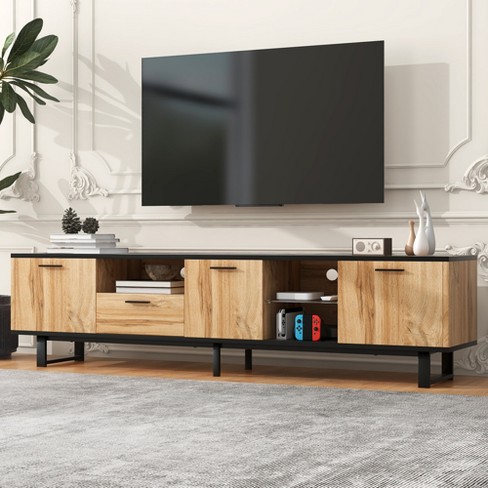 Modern TV Stand with 4 Cabinets & Open Shelves, Media Console Table for TVs up to 80'', Entertainment Center with Drop Down Door, Wood - HABITRIO - image 1 of 4