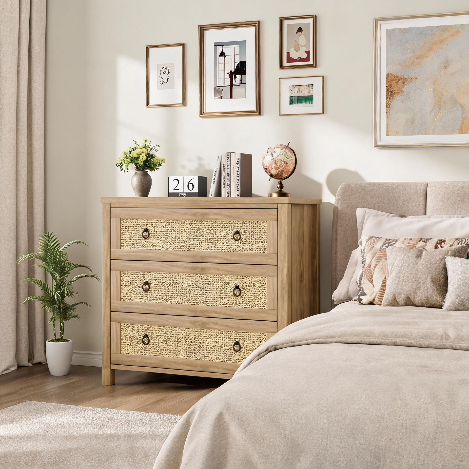 Rattan 3 Dresser for Bedroom, 29" Boho Tall Drawer Dresser with Storage, Wooden Closet Dressers Chest of Drawers Freestanding for Home, Natural