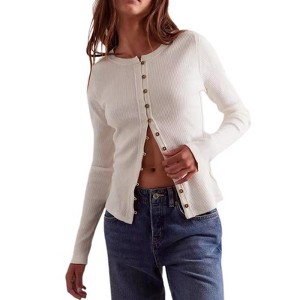 Coolmee Womens Cardigans Button Down Casual  Long Sleeve Ribbed Shirts Lighweight Slim Fitted Fall Tops - 1 of 4
