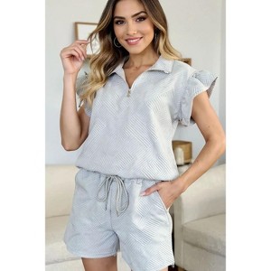 I am a Fashion junky Double Take Full Size Texture Flounce Sleeve Top and Drawstring Shorts Set - 1 of 4