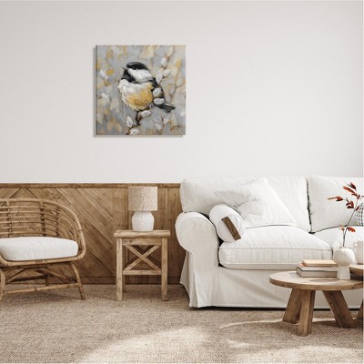 Bird Perched on Pussy Willow Gray and Yellow Canvas Art