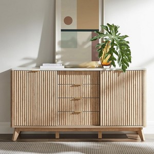 Fluted Dresser with 4 Drawers, 60" Modern Chest with Sliding Doors & Faux Marble Top, Wood Storage Organizer for Bedroom, Living Room - 1 of 4