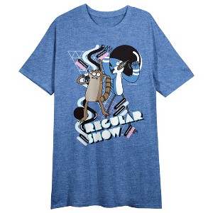Regular Show Mordecai & Rigby Geometric Art Women's Blue Heather Crew Neck Short Sleeve Night Shirt - 1 of 2