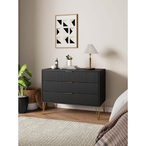 PAGED Fluted Dresser, Contemporary Storage Cabinet with 3 Full Extension Drawer and Splayed Gold Metal Legs for Living Room, Hallway - 1 of 4
