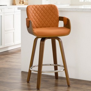 Bekrvio 26" Swivel Counter Stools with Back & Arms, Faux Leather Mid-Century Bar Stools for Kitchen Island, Walnut Frame, Set of 1/2/3/4 - 1 of 4