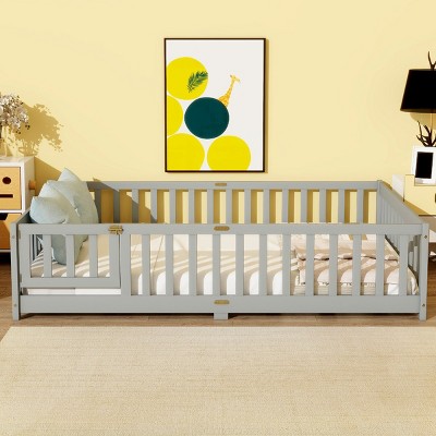 Full Size Wooden Floor Toddlers Bed with Fence and Door, Rubber Wood Montessori Platform Bed for Kids Room-Baofuwish