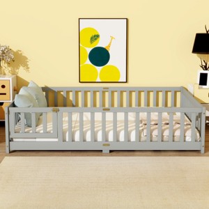Full Size Wooden Floor Toddlers Bed with Fence and Door, Rubber Wood Montessori Platform Bed for Kids Room-Baofuwish - 1 of 4