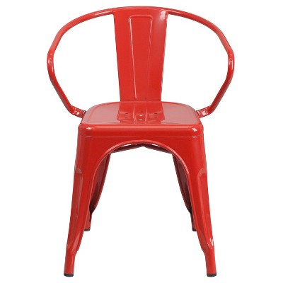 Vibrant Red Steel Slat-Back Indoor-Outdoor Dining Chair with Arms