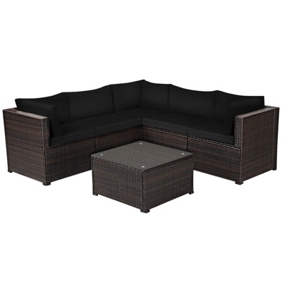 Tangkula 6 PCS Patio Rattan Furniture Set Outdoor Wicker Conversation Sofa Set w/Tempered Glass Coffee Table