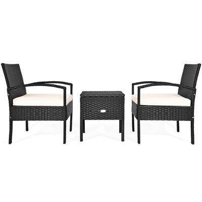 Tangkula 3PCS Rattan Patio Conversation Set Outdoor Furniture Set w/ Storage Table