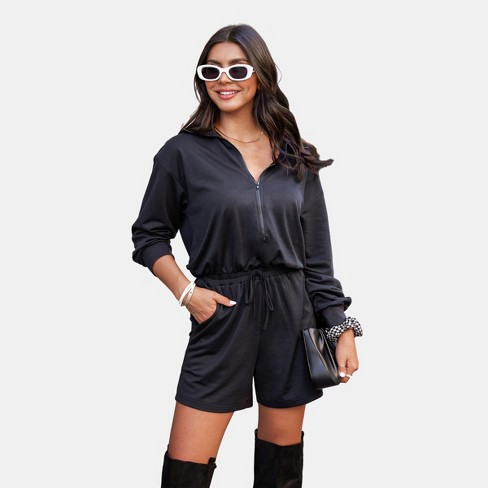 Black Long Sleeve Satin Romper