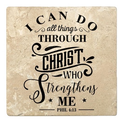 Christmas by Krebs Set of 4 Beige and Black "I CAN DO all things THROUGH CHRIST WHO Strengthens ME" Square Coasters 4"