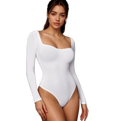 INSPIRE CHIC Women's Long Sleeve Bodysuit Slim Fit Square Neck Tummy Control Brief Leotard