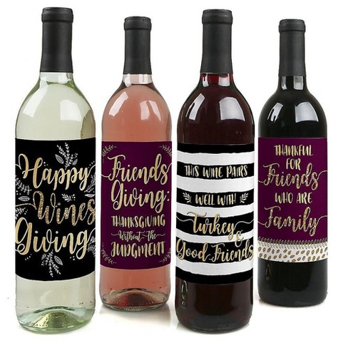 Big Dot of Happiness Elegant Thankful for Friends - Friendsgiving Thanksgiving Party Decor for Women and Men - Wine Bottle Label Stickers - Set of 4 - image 1 of 4