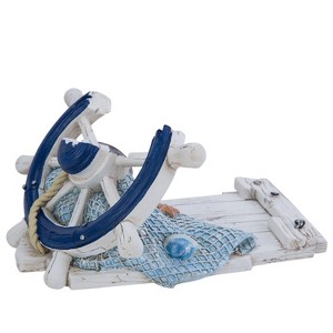 Beachcombers 7" Ship Wheel Coastal Nautical Decorative Sculpture Countertop Single Bottle Holder Rack Stand - 1 of 2