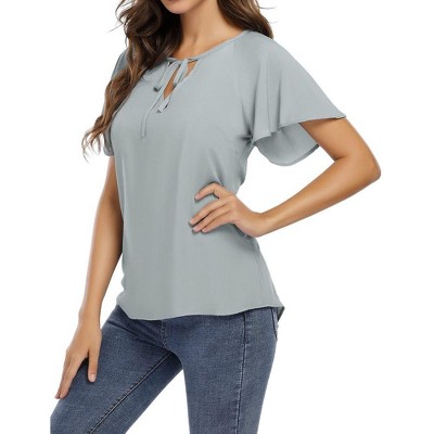 Womens Shirts Front Tie V Neck Tops Summer Short Ruffled Sleeve Drawstring Casual T-Shirts Blouses