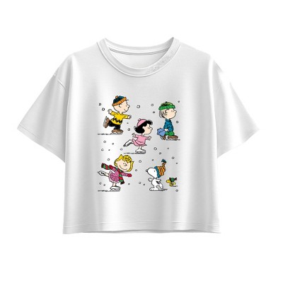 Girls' Peanuts Winter Fun Short Sleeve Boxy Graphic T-Shirt - White