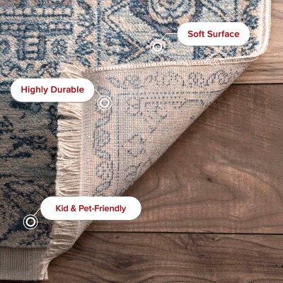 Light Blue Vintage Medallion Fringe Easy-Care Runner Rug