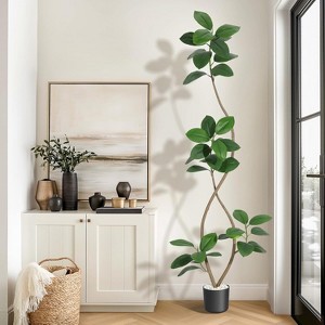 Real Touch Artificial Rubber Tree in White Resin Planter w/Decorative Stones - Faux Fiddle Leaf Style, Tall Indoor Floor Plant for Home Decor - 1 of 4