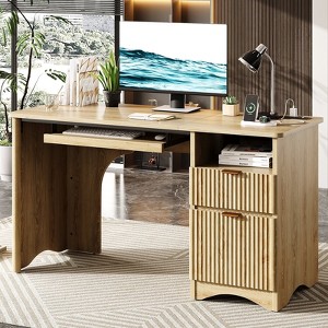 Bestier 55" Computer Writing PC Desk Home Office with Power Outlets Keyboard Tray and Storage Drawers, Natual Oak - 1 of 4