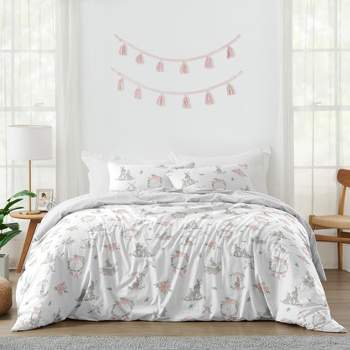Sweet Jojo Designs Full/Queen Comforter Bedding Set Bunny Floral Pink Grey and White 3pc
