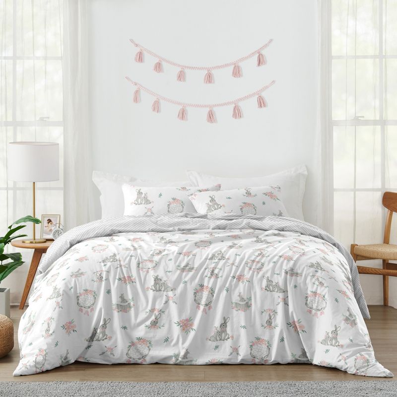 Sweet Jojo Designs Full/Queen Comforter Bedding Set Bunny Floral Pink Grey and White 3pc, 1 of 8
