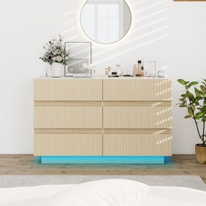 Okak Fluted Storage Cabinet Dresser with LED,Wood Clothes Organizer,Double Chest of 6 Drawers for Bedroom/Hallway/Living Room,Easy Assembly - 1 of 4