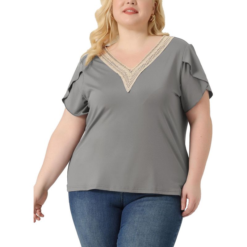 Agnes Orinda Women's Plus Size Lace V Neck Short Sleeve Casual Tunics Basic T-Shirts, 2 of 6
