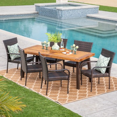 Sutton 7pc Acacia & Wicker Dining Set - Teak/Brown - Christopher Knight Home