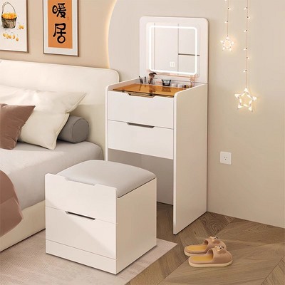 KTMBDW 3 in 1 Vanity Desk with Flip Top Mirror,Small Make Up Vanity Set with Visible Glass Desktop,3 Drawers,Cushioned Tool,Dressing Table for Bedroom