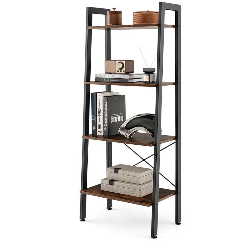 Costway 4-Tier Wood Ladder Shelf Ladder Bookcase Bookshelf Display Rack, 1 of 11