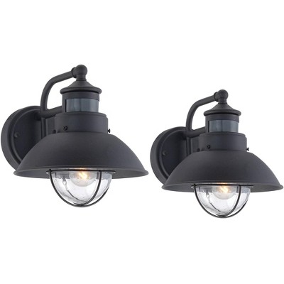 John Timberland Mission Farmhouse Outdoor Barn Light Fixtures Set of 2 Black 9" Clear Seedy Glass Dusk to Dawn Motion Sensor Patio