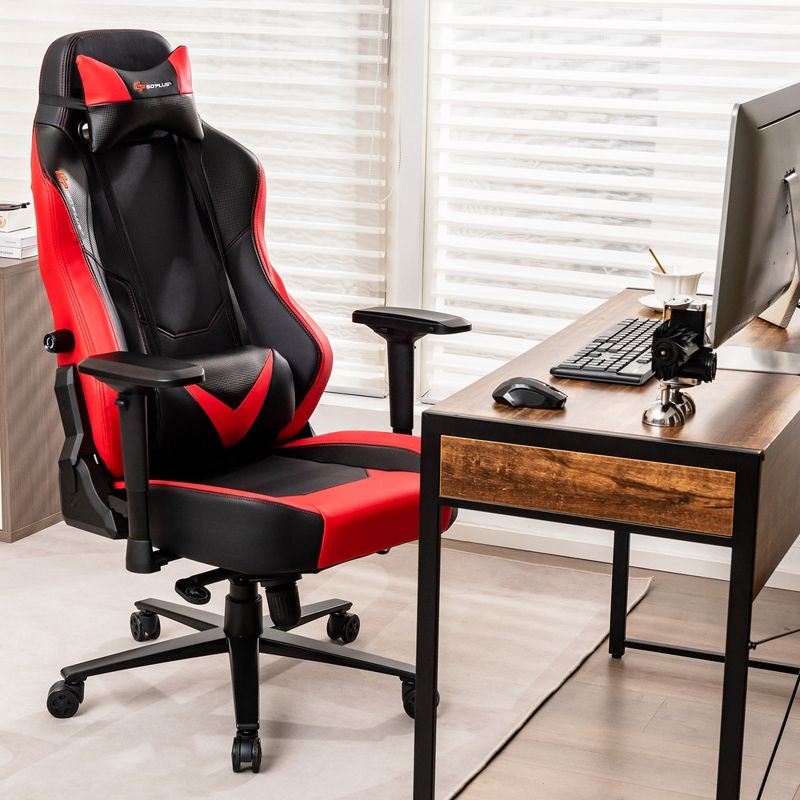 Costway Gaming Chair 360° Swivel Computer Reclining Height Adjustable 4D Armrest Red, 2 of 11