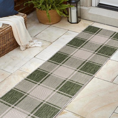 Sabine Green and Cream Synthetic Checkerboard Runner Rug, 2 x 8 ft