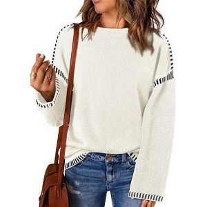 Coolmee Womens Sweaters Fashion Crewneck Loose Fit Long Sleeve Contrast Cable Knit Pullover Sweater Jumper Tops - 1 of 4
