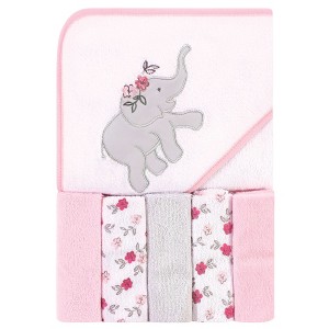 Hudson Baby Infant Girl Hooded Towel and Five Washcloths, Floral Elephant, One Size - 1 of 2