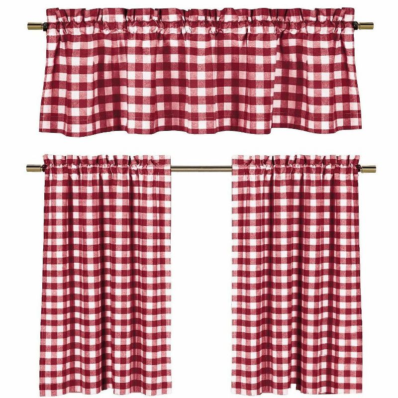 GoodGram Candy Apple Red & White Country Checkered Plaid Kitchen Tier Curtain Valance Set - 58 in. W x 36 in. L, 1 of 2