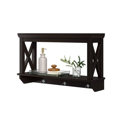 Wall Mounted Cross Frame Shelf with Hook Rack Espresso Brown - RiverRidge Home