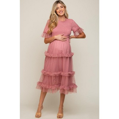 PinkBlush Pink Polka Dot Tulle Smocked Maternity Midi Dress