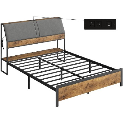 Whizmax Bed Frame with Charging Station, Metal Platform Bed with Ergonomic Large Storage Headboard, Metal Slats Support, No Box Spring Needed, Brown
