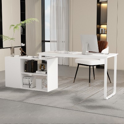 FUFU&GAGA White L-Shaped Computer Desk Rotatable Desktop Multifunctional Storage Office Essentials