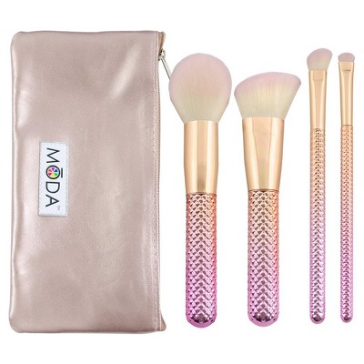 MODA Brush Rosè 5pc Complete Makeup Brush Set with Zip Case, Includes - Round Powder, Angle Kabuki, Angle Shader, and Smudger Brushes